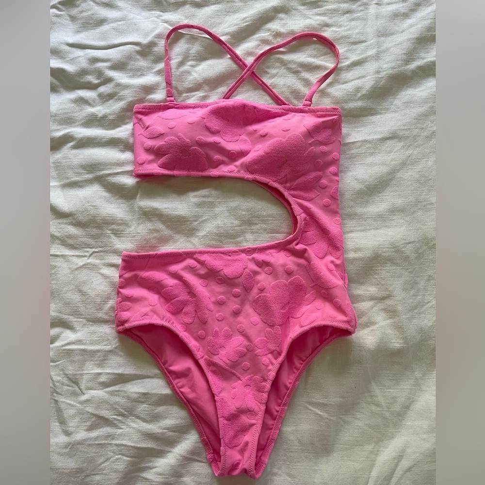 AERIE terry cut out one piece swim pink with flowers